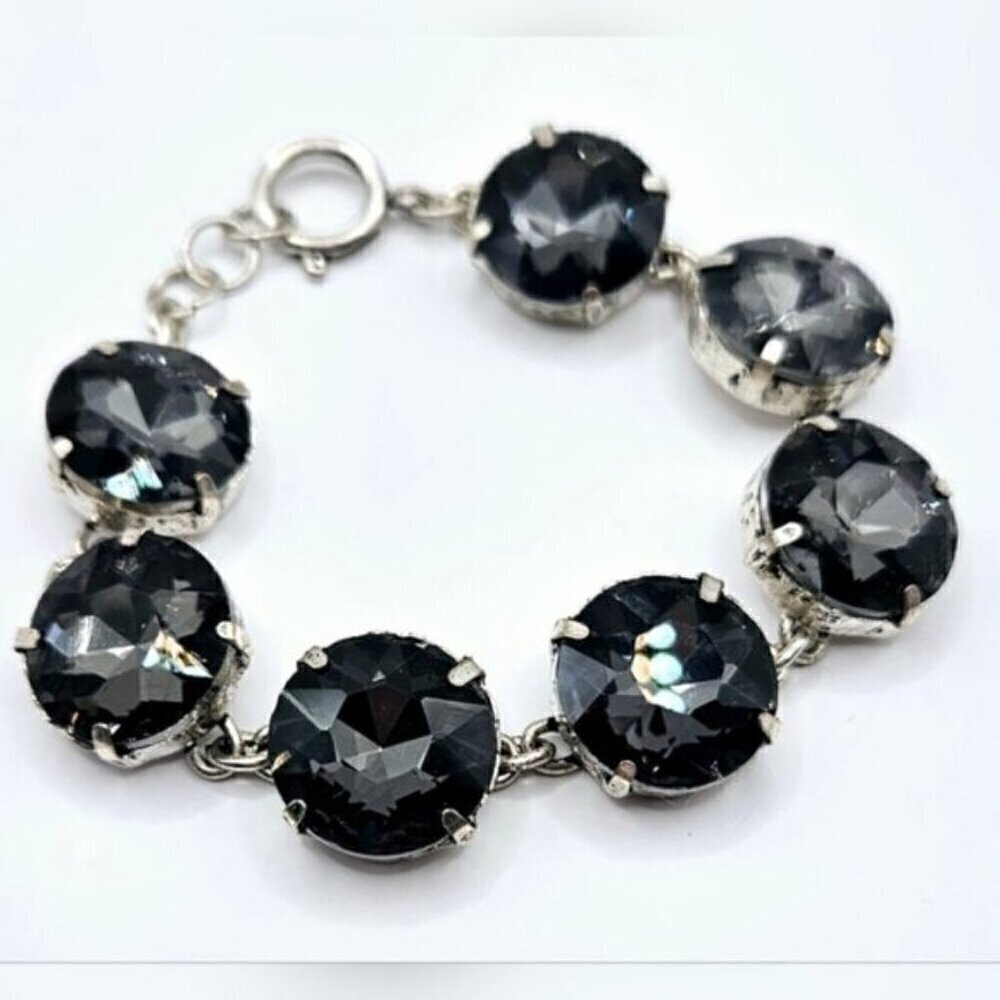 Gray Glass Crystal Button Dot Silver Tone Bracelet